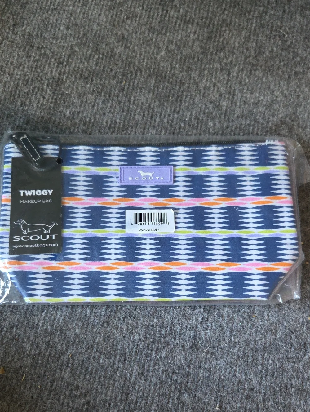 Scout Twiggy Makeup Bag in Navy with White, Orange, Green and Purple Accents